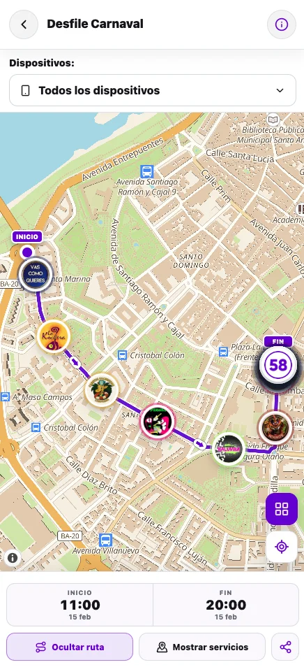 Pantalla de la app de LiveMap con el Gran Desfile del Carnaval de Badajoz sobre el plano de la ciudad, con las comparsas localizadas por separado a lo largo del recorrido