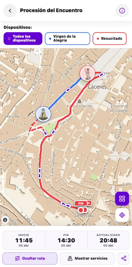 Captura de la app de LiveMap siguiendo la Procesión del Encuentro en Cáceres: los dos pasos, Virgen de la Alegría y Resucitado, localizados por separado sobre el recorrido.