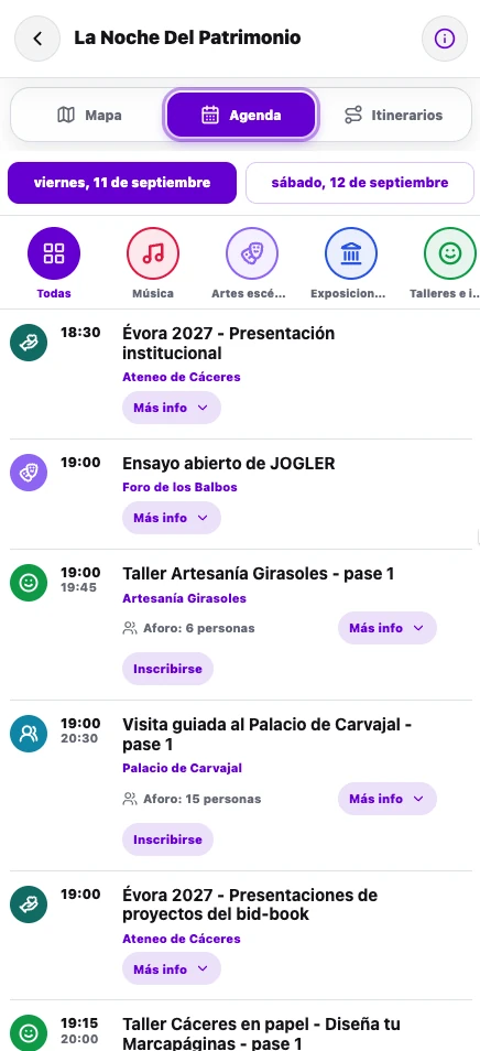Agenda de la app de LiveMap con la programación de La Noche del Patrimonio del viernes 11 de septiembre, con horarios, aforo e inscripción en cada actividad