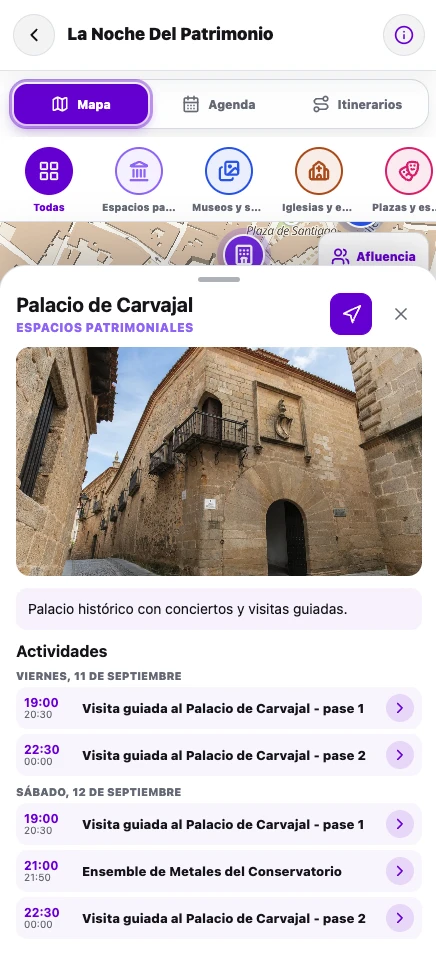 Ficha del Palacio de Carvajal en la app de LiveMap, con su foto, su descripción y las visitas guiadas de cada noche