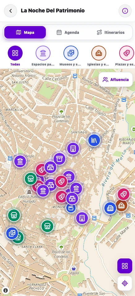Mapa de la app de LiveMap con los espacios de La Noche del Patrimonio de Cáceres agrupados por categorías: espacios patrimoniales, museos, iglesias y plazas